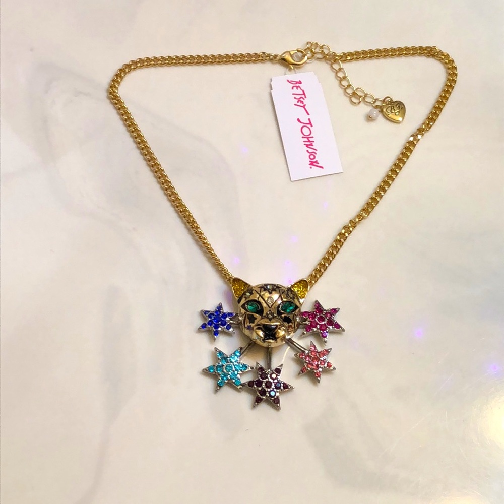 Betsey Johnson Gold Tone Leopard & Shooting Star Pendant Necklace NWT